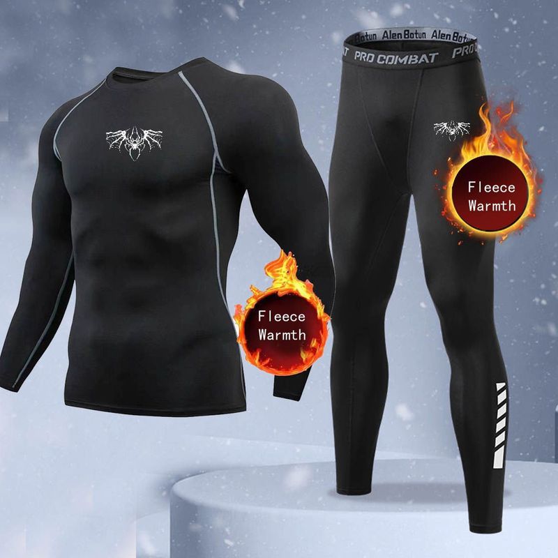 Thermal Long John - 新作2ピース冬用保温メンズ下着セット フリースサーマルアンダーシャツ ロングジョンズ コンプレッションタイツ フィットネススポーツトラックスーツセット