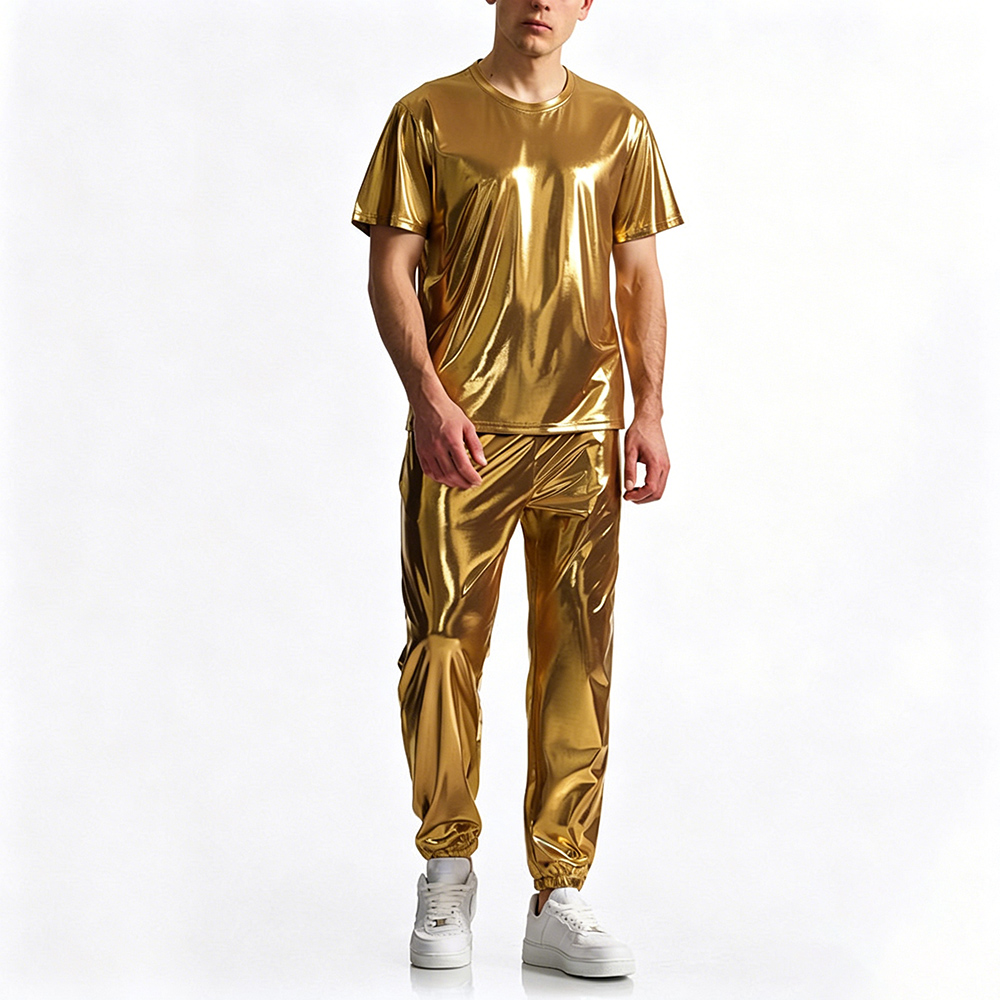 T Shirt Tight Fit - 光沢のあるステージパフォーマンス半袖タイトフィットTシャツとパンツセット男性用ディスコナイトクラブバー大きいサイズの服