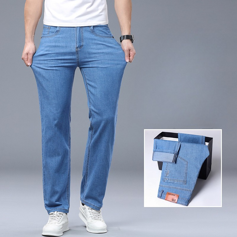 アイスシルク薄いデニムジーンズ男性用ブルーストレートストレッ - Levis Jeans 501 のレビューと価格