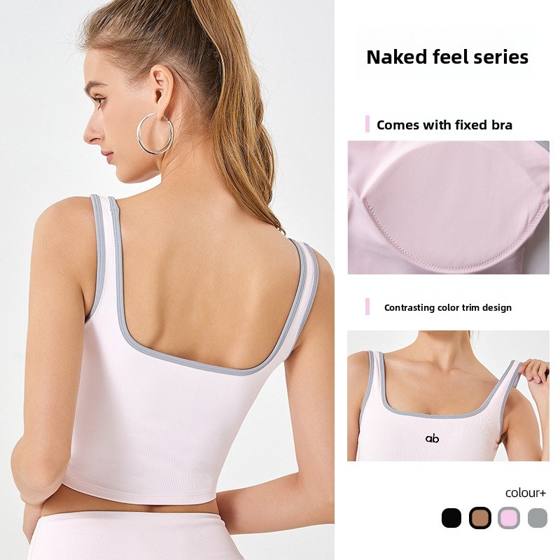 女性用サマーリブヨガタンクトップ、内蔵パッド付きストラップ、 - Suspender Tank Top のレビューと価格