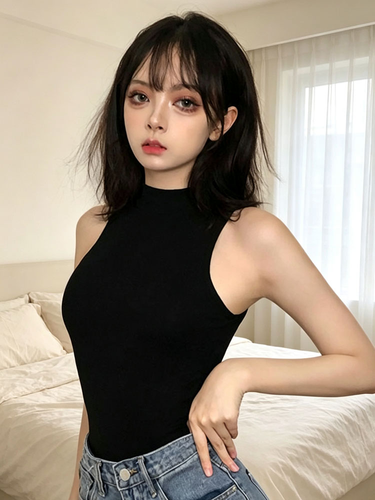 レディースベーシックノースリーブモックネックリブボディスーツ - Tank Top Ribbed のレビューと価格