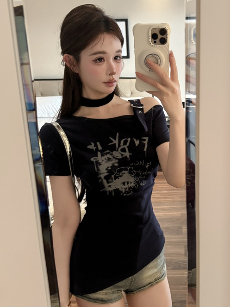 ファッショナブルでトレンディなショルダーバードショートスリー - T Shirt Tight Fit のレビューと価格